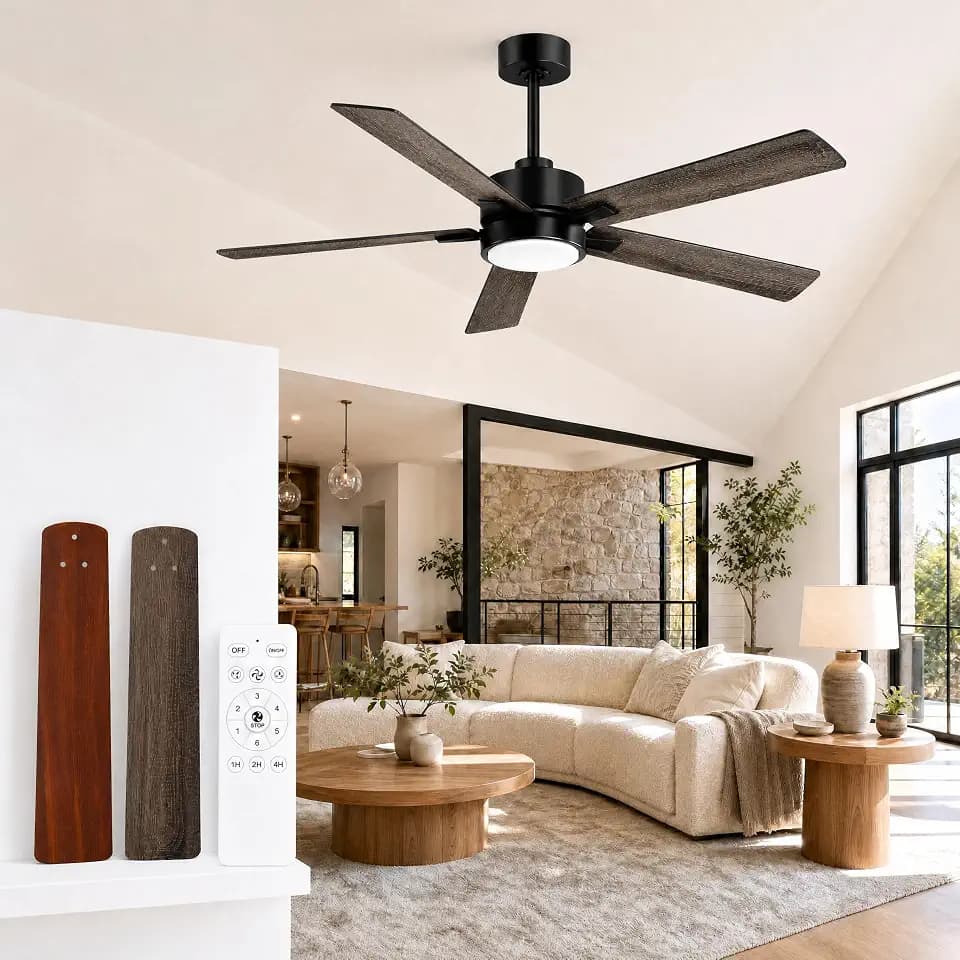 52 Inch Ceiling Fans with Lights, Modern Ceiling Fan with Reversible DC Motor, 5 Blades Downrod Mount LED Ceiling Fans Light for Living Room Bedroom Kitchen Patio Covered (Black & Walnut)