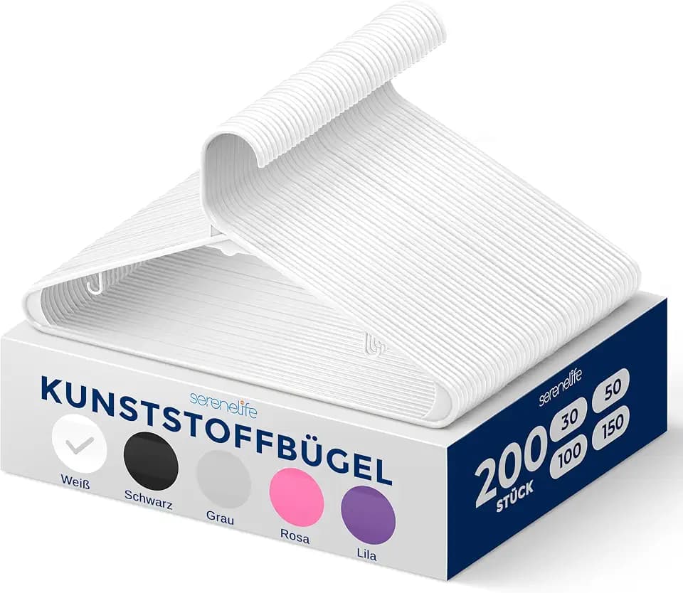 SereneLife Kleiderbügel Weiß Kunststoff – 200 Stück, 41 cm, 0,6 cm dünn | rutschfest & platzsparend Ultradünne Hangers für Haushalt, Geschäft & Gewerbe