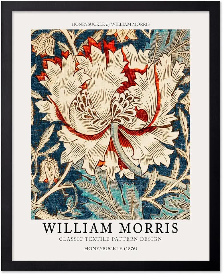 Poster Master Vintage William Morris Poster - Retro Deco Print - Honeysuckle, Botanical, Textile Pattern - Gift for Artist, Friend - Wall Decor for Living Room, Bathroom, 8x10 Black Framed