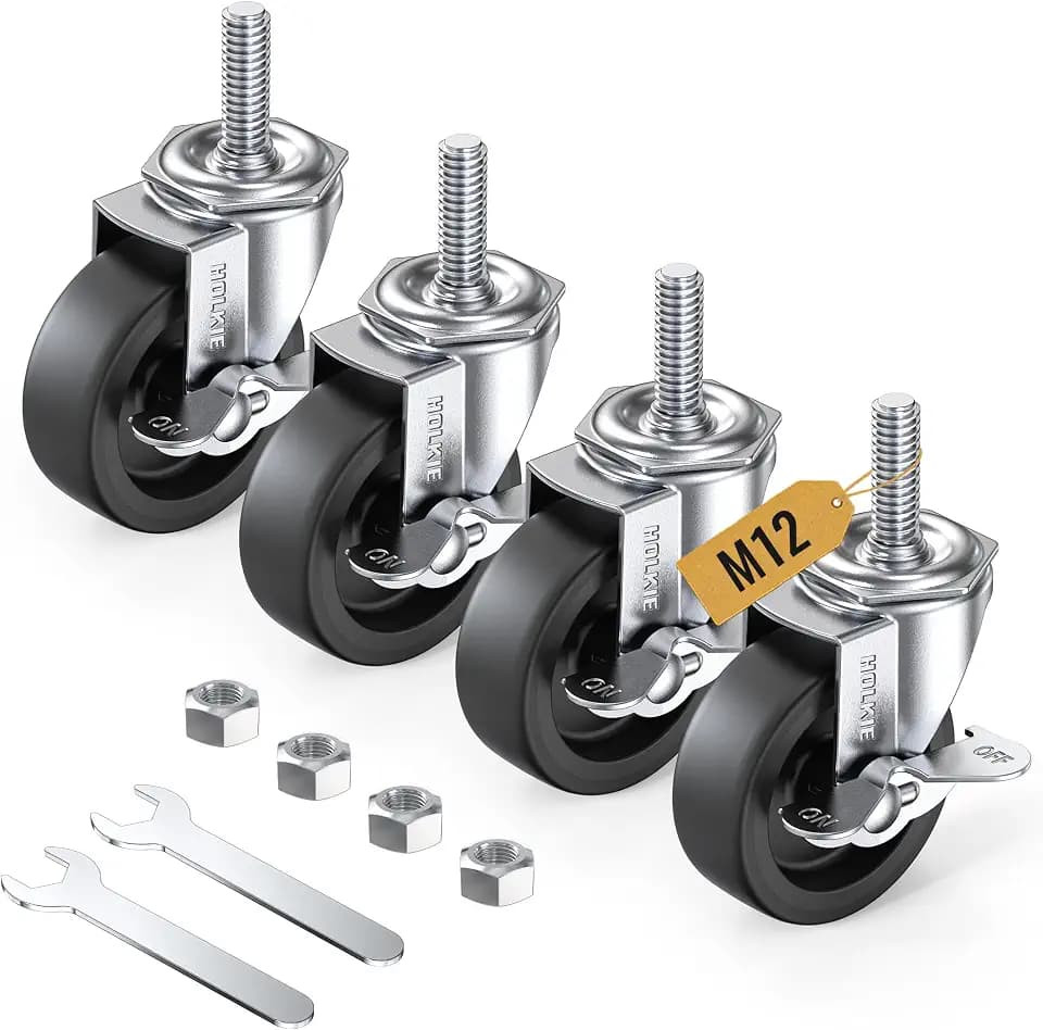 HOLKIE Lenkrollen 75mm (3 Zoll) mit Bremsen Möbelrollen Transportrollen, M12 x 1,75 x 30mm (Schaftdurchmesser 12mm, Schaftlänge 30mm) Schwerlastrollen Gummirollen 4er Set Rollen für Möbel Schwarz