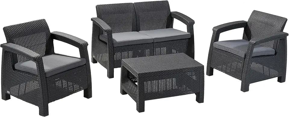 Keter Corfu 4 piece Set All Weather Outdoor Patio Garden Furniture with Cushions, Charcoal