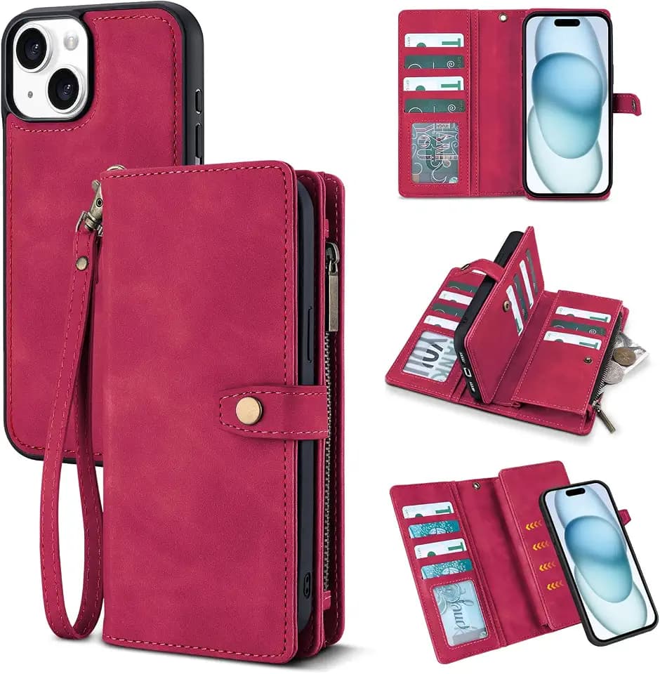 TwoHead for iPhone 15 Wallet Case with 11 Card Holders,Wine Red