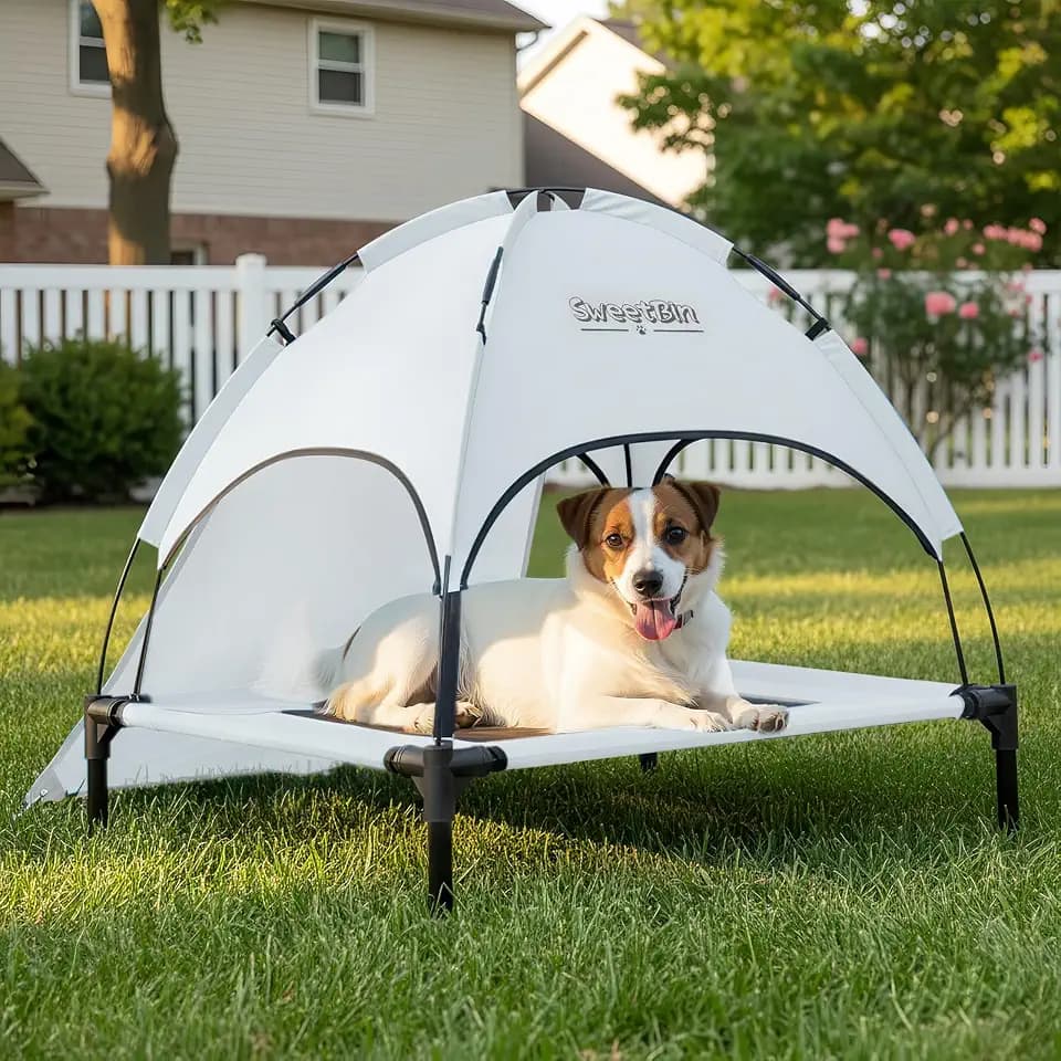 Outdoor Elevated Dog Cot with Canopy & Side Shade, Grey