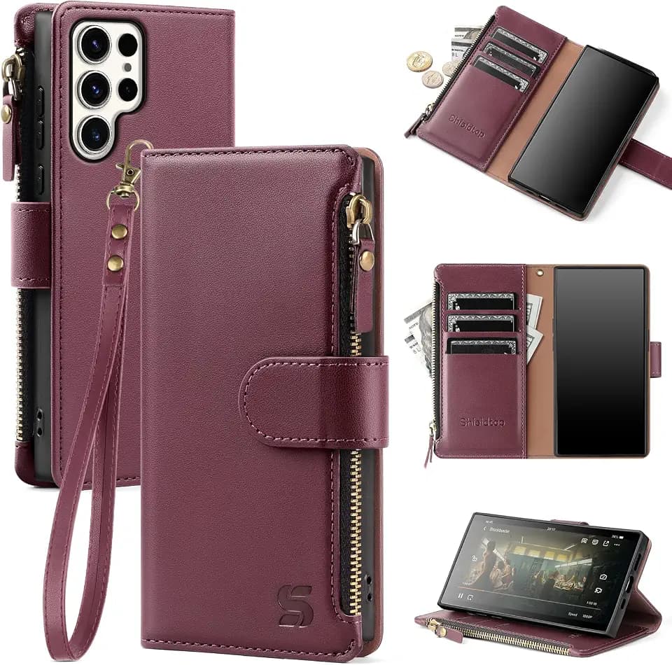 Shieldtop Compatible with Samsung Galaxy S23 Ultra 5G Wallet Case with Card Holder,Women Men RFID Blocking PU Leather Phone Case Flip Protective Cover Wrist Strap Zipper Credit Card Slots,Wine Red