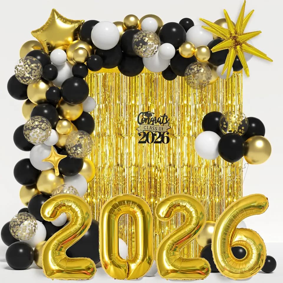 Graduation Balloon Garland Arch Kit for Graduation Decorations Class of 2026 - Black Gold and White Balloons Different Sizes 5 12 18 Inch Graduations Balloons Arch for Grad Party Supplies