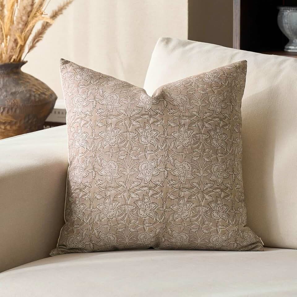 DOMVITUS Floral Pillow Covers 20x20 Throw Pillow Covers Block Print Vintage Decorative Neutral Pillow Cover for Couch Bed Living Room Light Camel 1PC