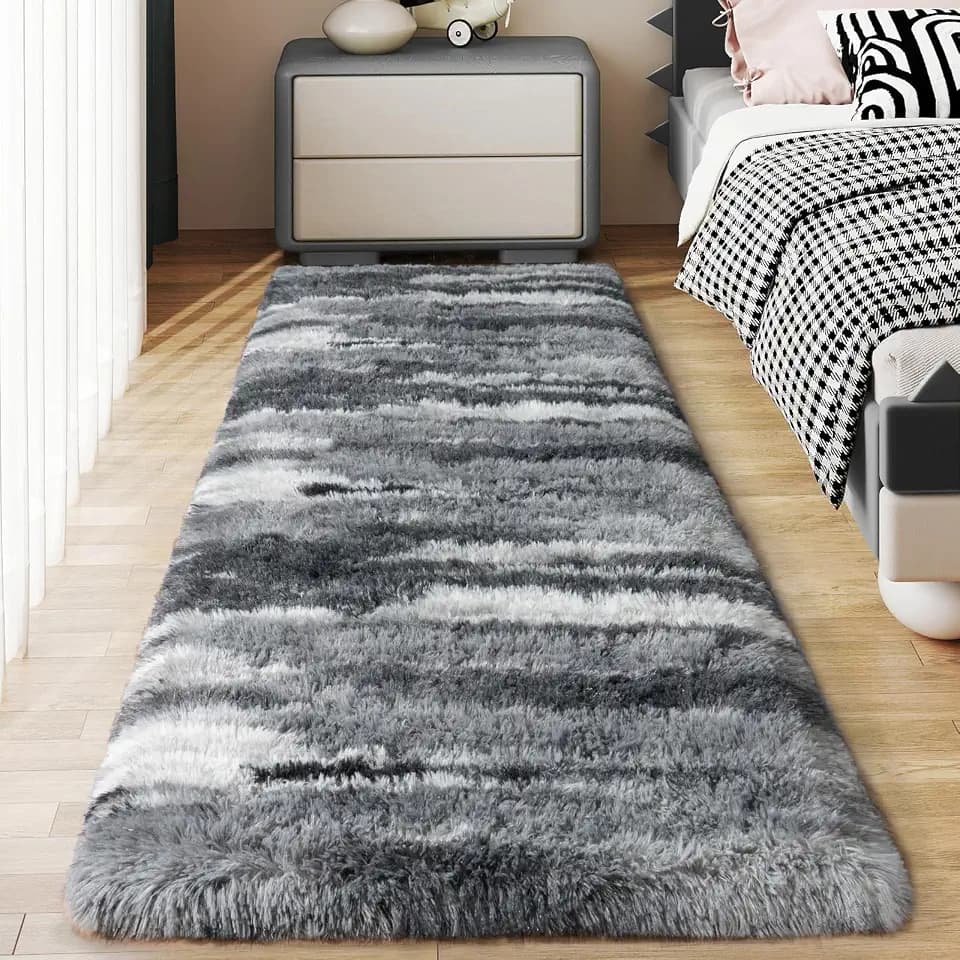 Soft Runner Rugs for Bedroom Hallways, 2x5 Abstract Grey Fluffy Shag Throw Area Rug Non Slip for Bedside Dorm, Long Shaggy Furry Carpet for Nursery Living Room