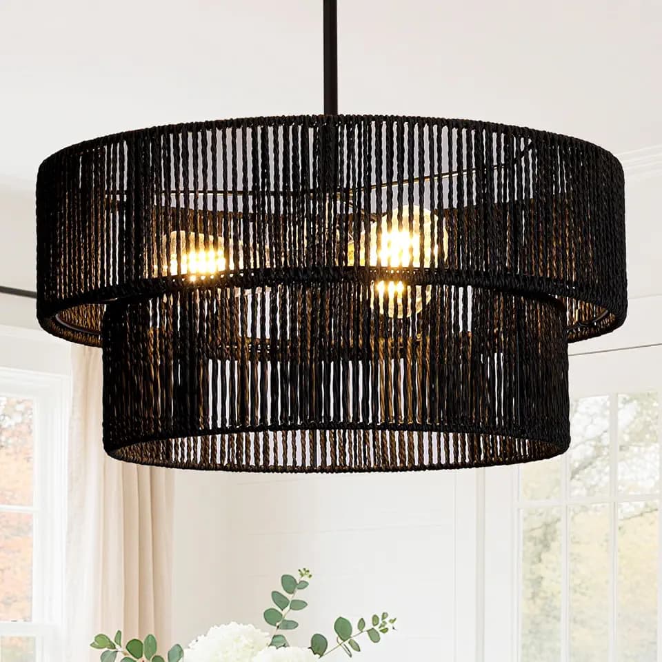 Black Boho Rattan Chandelier 18'' Hand Woven Chandelier Light Fixture 3-Light Farmhouse Drum Pendant Light for Dining Room Bedroom Kitchen Hallway Foyer