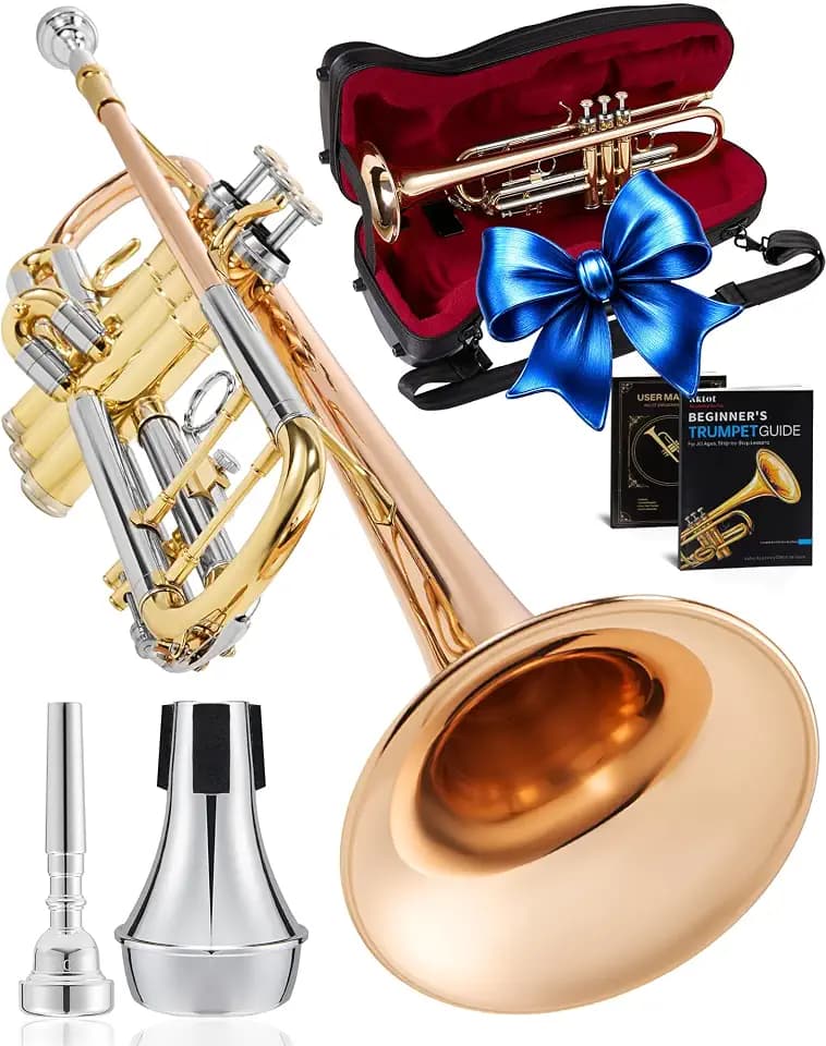 AKLOT Tri-Metallic Artistry Bb Trumpet: Phosphor Bronze Bell, Smooth Monel Valves, Double-Bar Support System, Includes Premium Leather Case, Lesson Book, 7C Mouthpiece, Mute, Cleaning Kit (SNR-PriFTG)