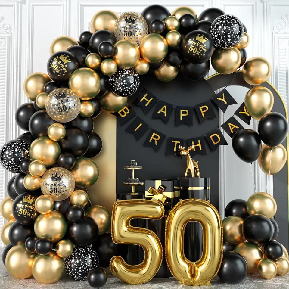 50th Birthday Decorations Black Gold Balloon Arch Garland Kit for Men Women