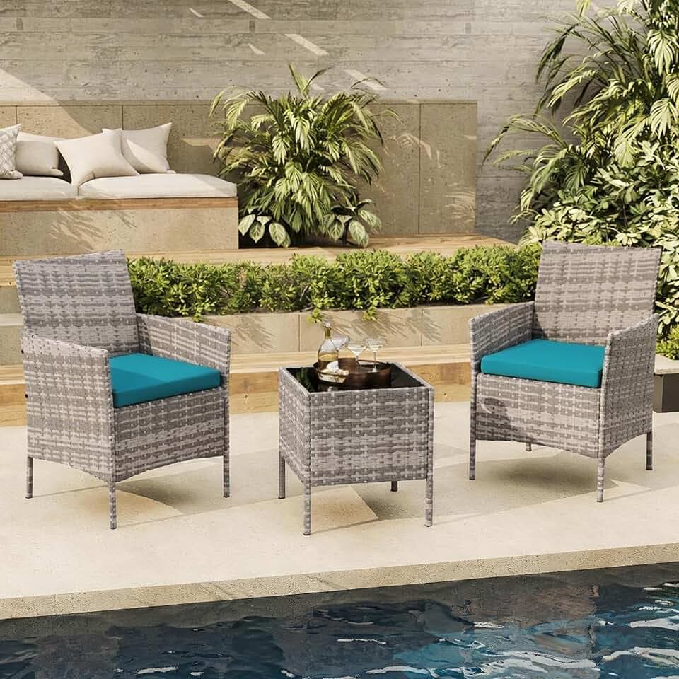 3-Piece Outdoor Furniture Set, PE Rattan Wicker Chairs with Soft Cushions & Tempered Glass Coffee Table - All-Weather Patio Set for Garden, Backyard, Porch, Poolside (Grey/Peacock Blue)