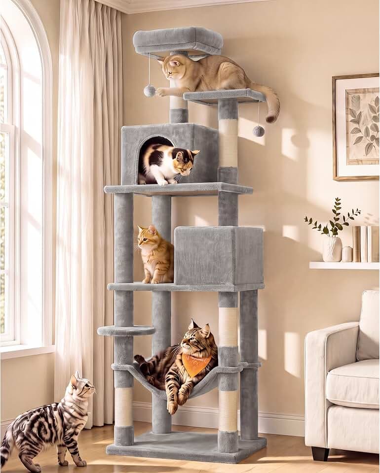 Feandrea Cat Tree, 73.2-Inch Cat Tower, Multi-Level Condo, Light Gray
