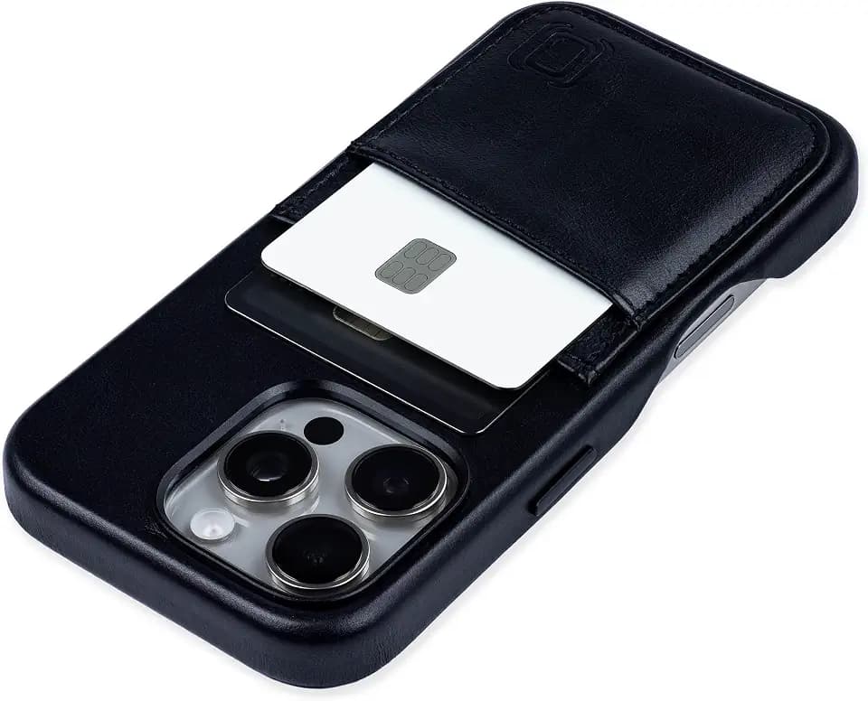 Dockem Genuine Leather Card Case V2 for iPhone 16 Pro with Camera Control Cutout, Built-in Metal Plate, Stitched-on Wallet with 2 Credit Card Holder Slots (Black, M2GL)