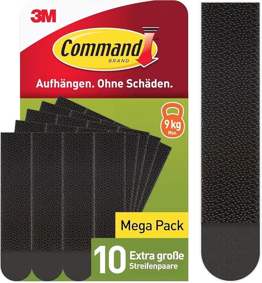 Command Klebestreifen, Vorteilspack 10x2 X-Large (20 Strips), Schwarz, Für Schweres Gewicht - Bilder Aufhängen ohne Bohren, Streifen halten bis zu 9 kg, Rückstandsfreies Ablösen