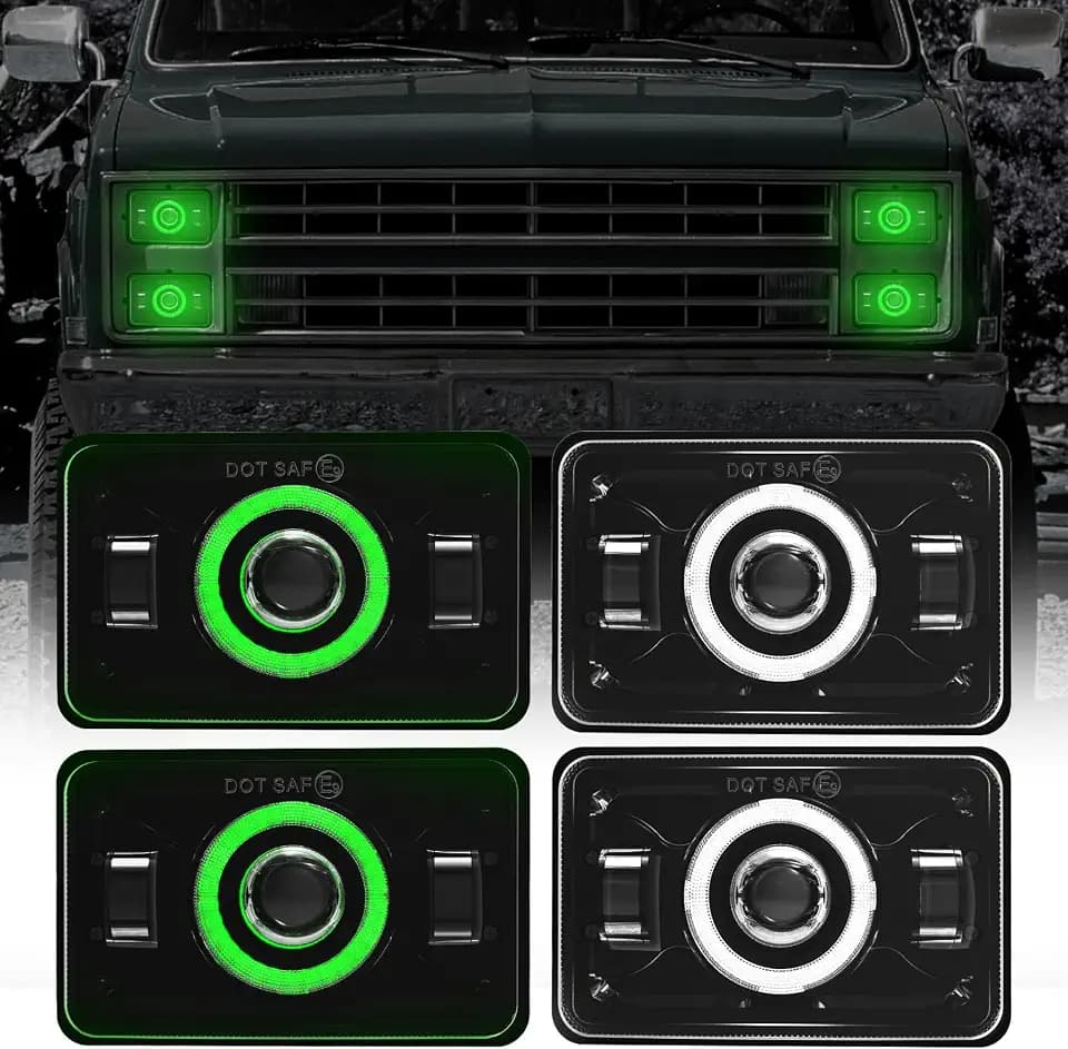4x6 LED Headlights DOT Approved with Green DRL Amber Turn Signal Halo Compatible for 1986 Che-vrolet CK 10 Rectangular H4656 H4651 H4642 H4652 Peterbilt 357 378 379 XR400 XR250 XR650