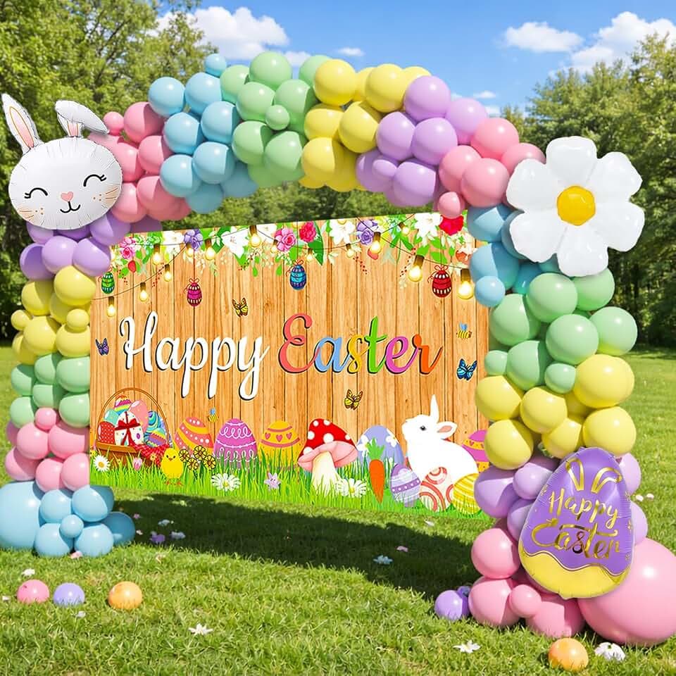 Easter Party Decorations, 153PCS Easter Balloon Arch Kit, Pastel Balloons with Large Happy Easter Backdrop Banner for Easter Party Supplies