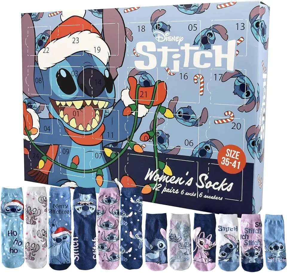 United Labels Disney Lilo & Stitch Adventskalender mit 12 Paar Socken für Damen, Größe 35-41, Kalender mit Sneaker und langen Socken, Weihnachtskalender Geschenk