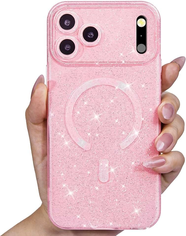 Svanove Glitter Case for iPhone 17 Pro/ 18 Pro Phone Case Magnetic Compatible with Magsafe, Sparkle Bling Shiny Sparkly Cute Girly Design, Bright Trendy Hard Mag Cover for Women, Light Pink
