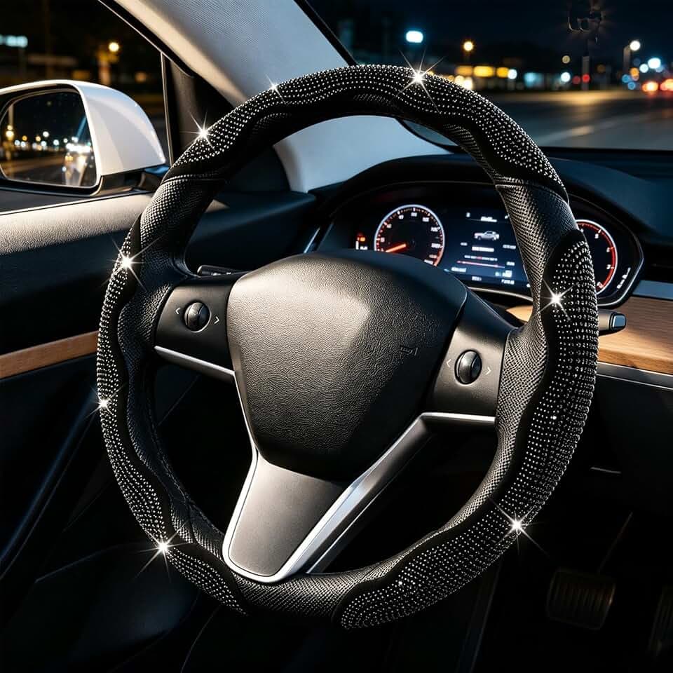 3 PCS Segmented Black Bling Steering Wheel Cover with Rhinestones