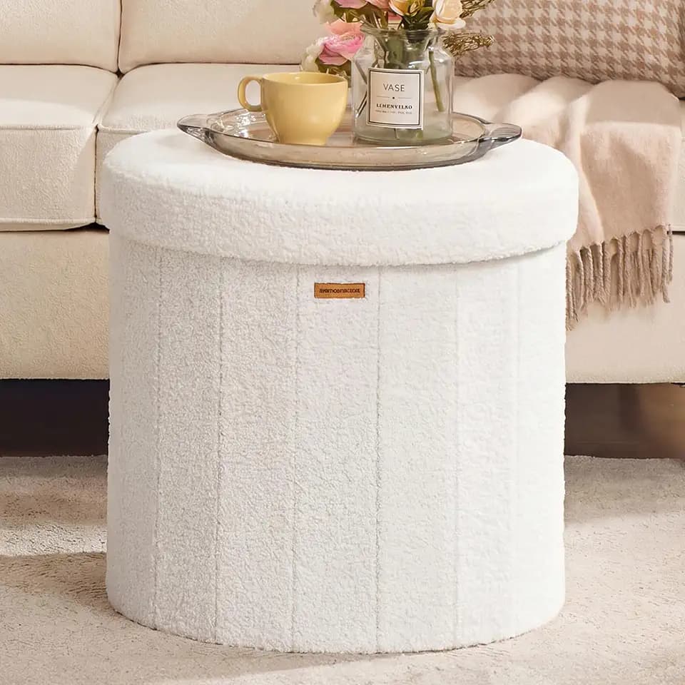 SONGMICS Storage Ottoman Teddy Fleece Vanity Stool, 18.5 x 18.5 x 17.7 Inch