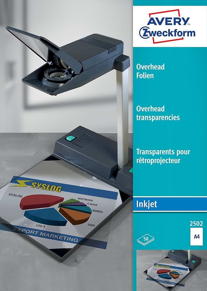 AVERY Zweckform 2502 Overhead-Folien für Inkjetdrucker (A4, spezialbeschichtet, stapelverarbeitbar, Stärke: 0,11 mm, 50 Blatt)