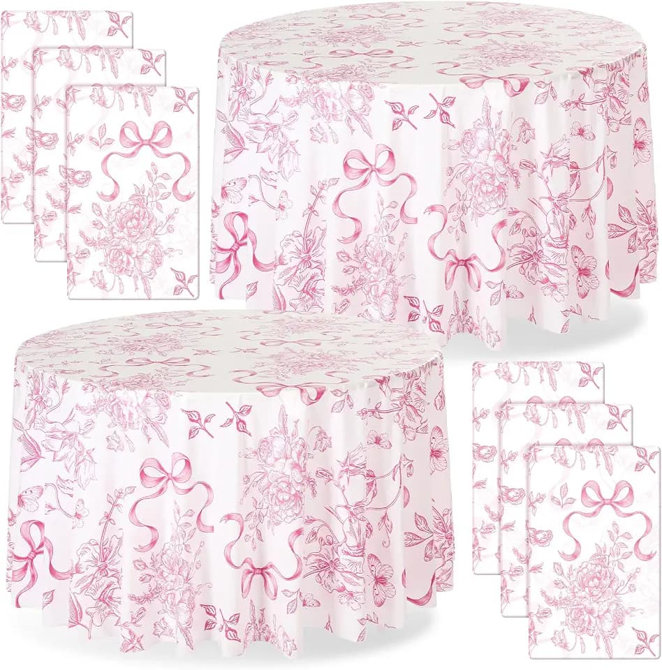 Ganeen 6 Pcs Pink Bow Floral Round Tablecloths 84 Inch Plastic Waterproof