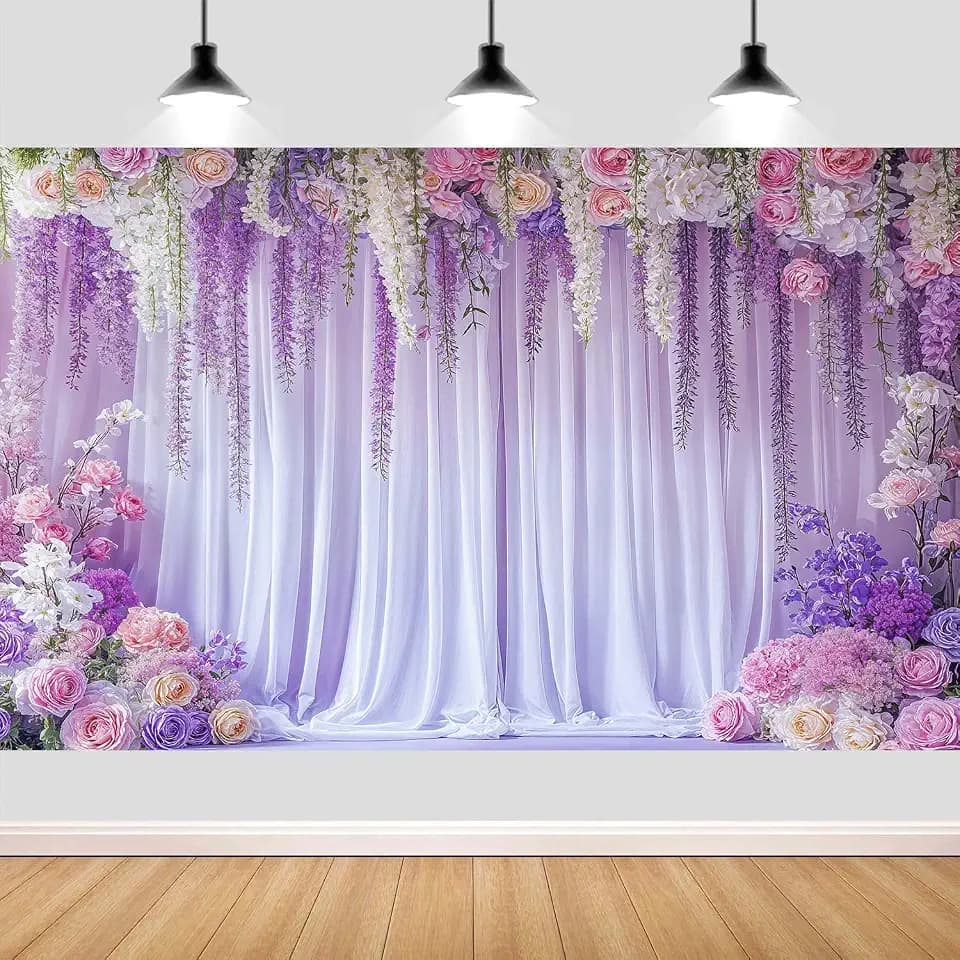 7X5ft Purple Flower Wall Backdrop Romantic Floral Wedding Photography Background for Wedding Bridal Shower Anniversary Girls Birthday Decor Photo Studio Props Wall Decor Banner