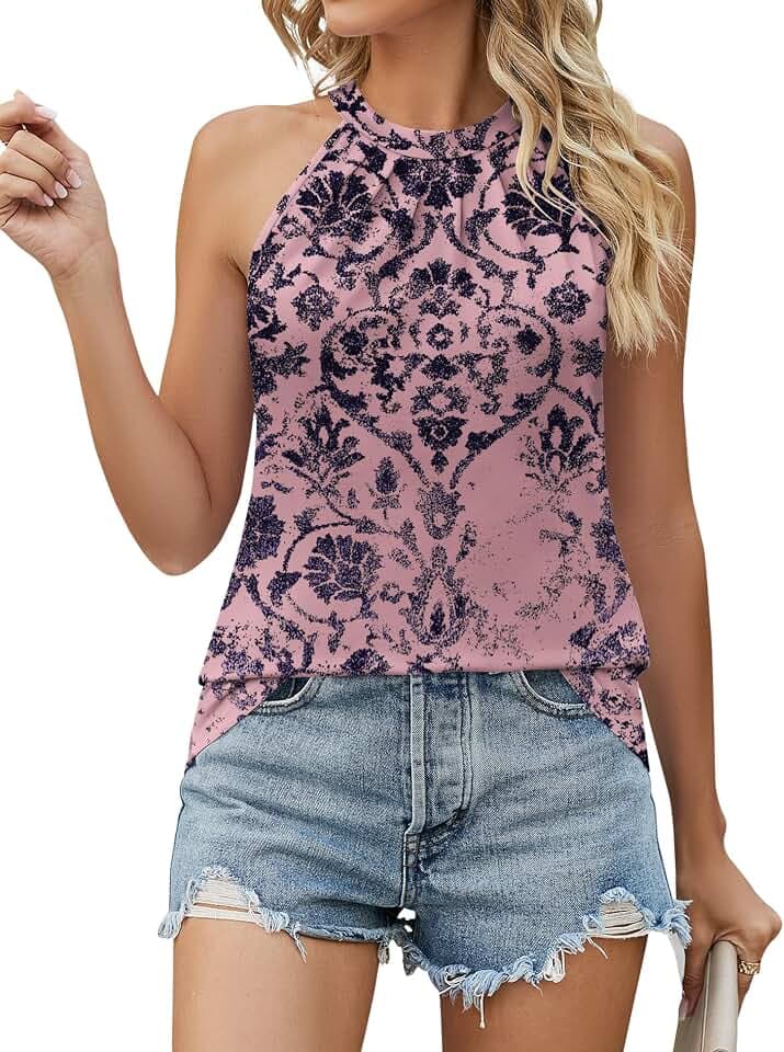 Ivicoer Tank Top for Women Pleated High Neck Halter Tops Casual Sleeveless Shirts Loose Fit S-XXL