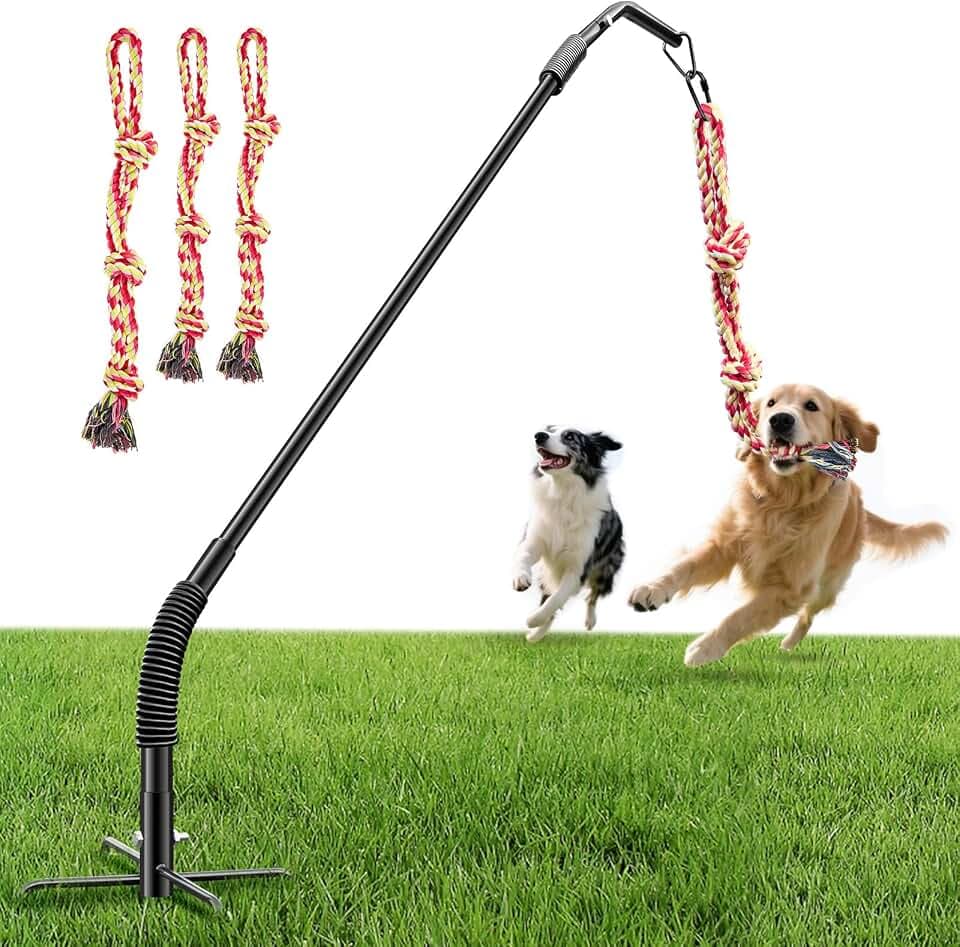 Tether Tug Outdoor Dog Rope Toy, Adjustment Height Upgraded Spring Pole, Includes 3 Chew Ropes, Interactive Tug of War Toy for Large Medium Small Dogs, Exercise Game in Yard, Lawn, Park