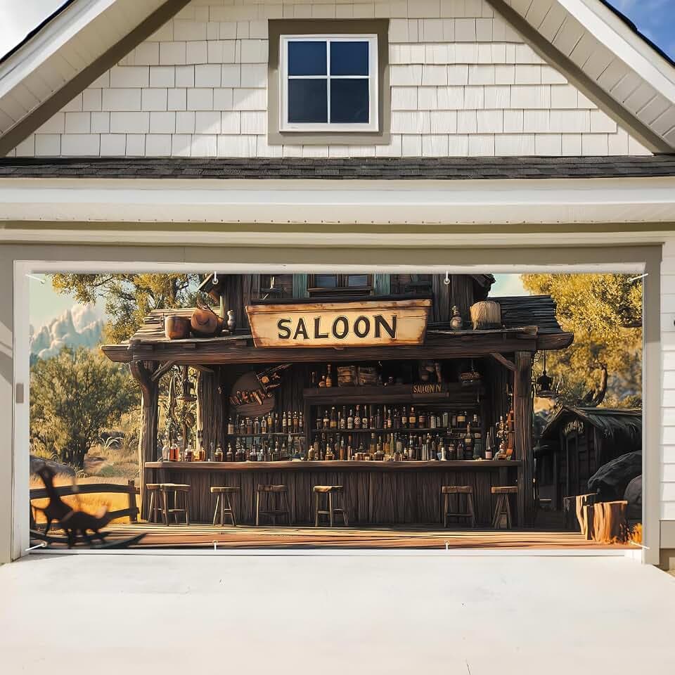 ANNA QUEEN Saloon Garage Door Banner 6x13FT, Western Bar Garage Door Cover with Rustic Outdoor “SALOON” Sign, Large Cowboy Theme Decoration Backdrop for Garage Doors, Backyard Parties, Fence & Barn