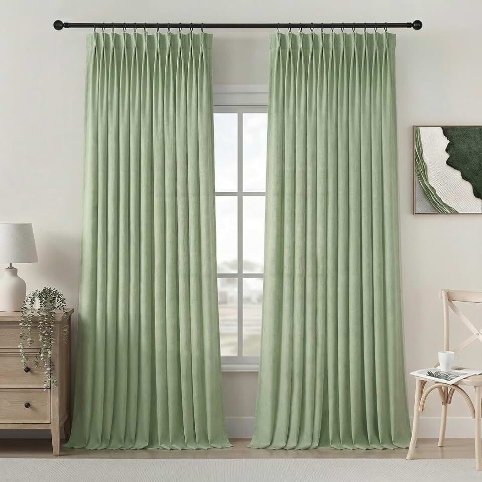PANGSINNE 9 Ft Pinch Pleated Linen Curtains - 2 Panels Set Thick Linen Blend Window Curtains for Living Room Back Tab Ceiling Floor Extra Long 108 Inches Long Sage Green