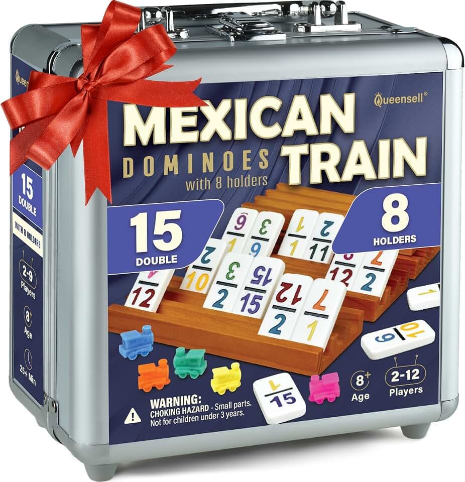 Queensell Mexican Train Dominoes Set Double 15 with Numbers - Dominoes Set for Adults and Family – 136 Tiles, 9 Trains, Wooden Hub, 8 Tile Holders, Aluminum Case (D15 Numbers + 8 Holders)