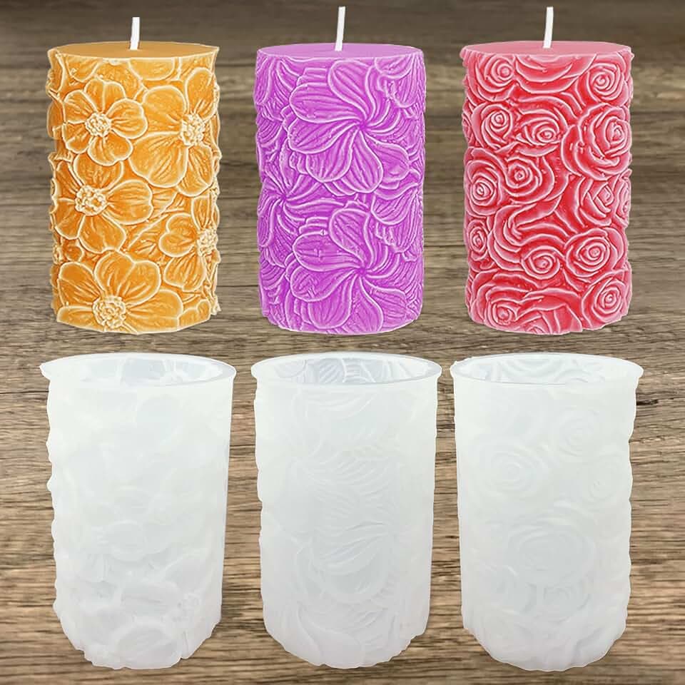 3pcs Rose Daisy Flower Pillar Candle Silicone Molds (Style -1)