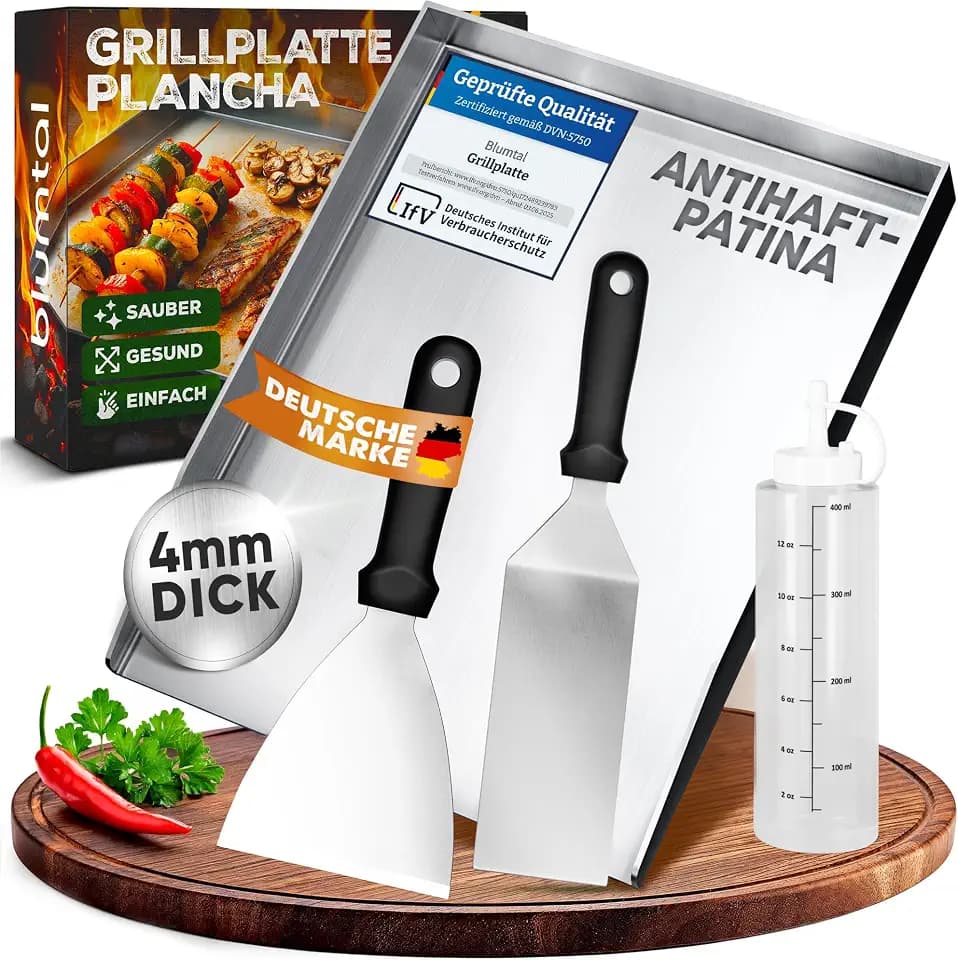 Blumtal Set Plancha Grillplatte Edelstahl inkl. 2 Grillspachteln & Ölflasche - 30x40 cm Plancha Grill Set für perfekte Röstaromen - Grillmatte Gasgrill geeignet - Edelstahl Platte rostfrei & robust