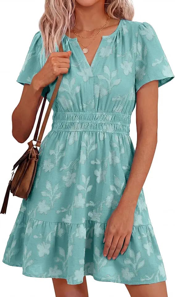 Simplee Womens Summer Floral Dress Casual Short Sleeve V Neck Empire Waist Boho Flowy A Line Mini Wedding Guest Dresses
