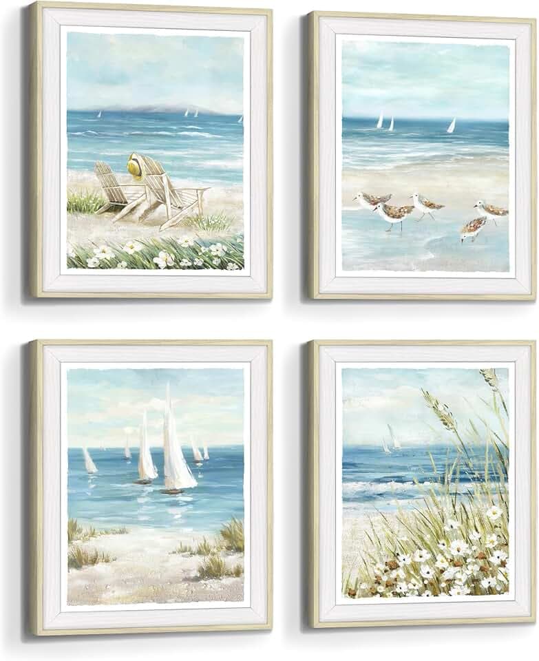Bedroom Framed Beach Wall Art: Modern Living Room Blue Ocean Scene Picture 4 Piece Bathroom Tropical Coastal Landscape Artwork Vertical Relaxing Seascape Sailboat Painting Sea Print for Home