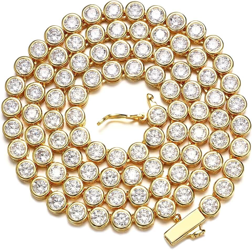 BREN 4mm Bezel Tennis Necklace, White/Yellow Gold Plated, 16/18/20 Inch