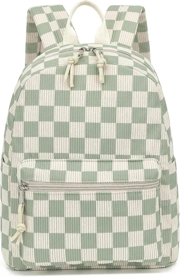 Corduroy Mini Backpack Purse Fashion Small Backpack Casual Daypack for Women Girls School Travel (Checkered Green)