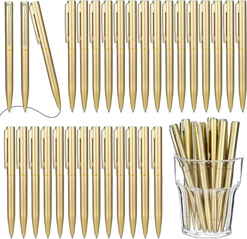 Kifmurase 100Pcs Gold Slim Ballpoint Pens, 4 Inch Retractable Tiny Black Ink Ballpoint with 1 mm Medium Point, Bulk Metal Pen, Wedding Gold Pens for Wedding Favors, Guests, Office, Business, Teachers