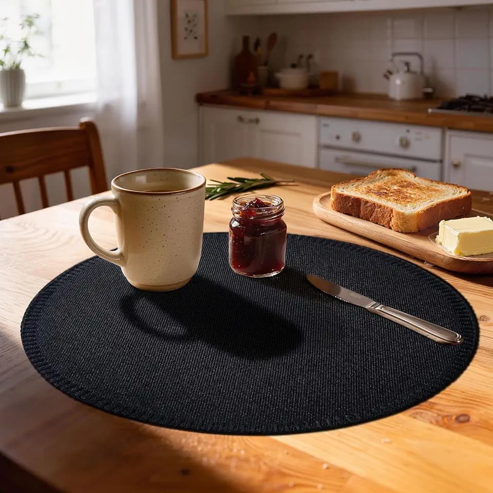 Round Placemats Set of 8 - Machine Washable Linen-Like Cloth Place Mats & Heat-Resistant for Dining Table - Ideal for Family Meals, Daily Use, and Holiday Gatherings (Black)