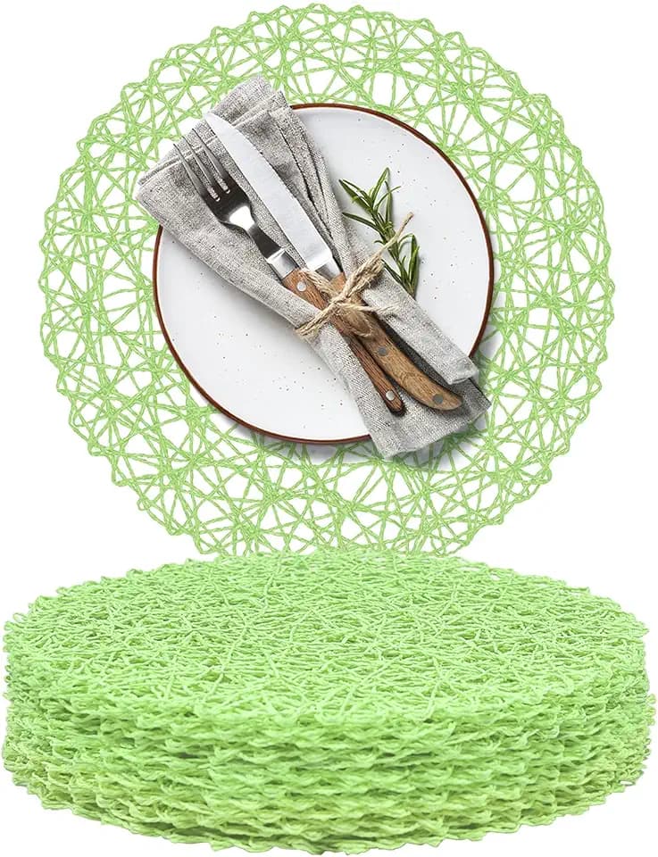 AHHFSMEI Paper Braided Round Placemats Set of 12 Natural Non-Slip Heat Resistant Table Mats for Dining Tables Woven Indoor Outdoor Place mats(Light Green,12)
