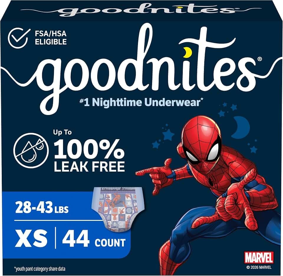 Goodnites Boys' Nighttime Bedwetting Underwear, Size Extra Small (28-43 lbs), 44 Ct (2 Packs of 22), Packaging May Vary