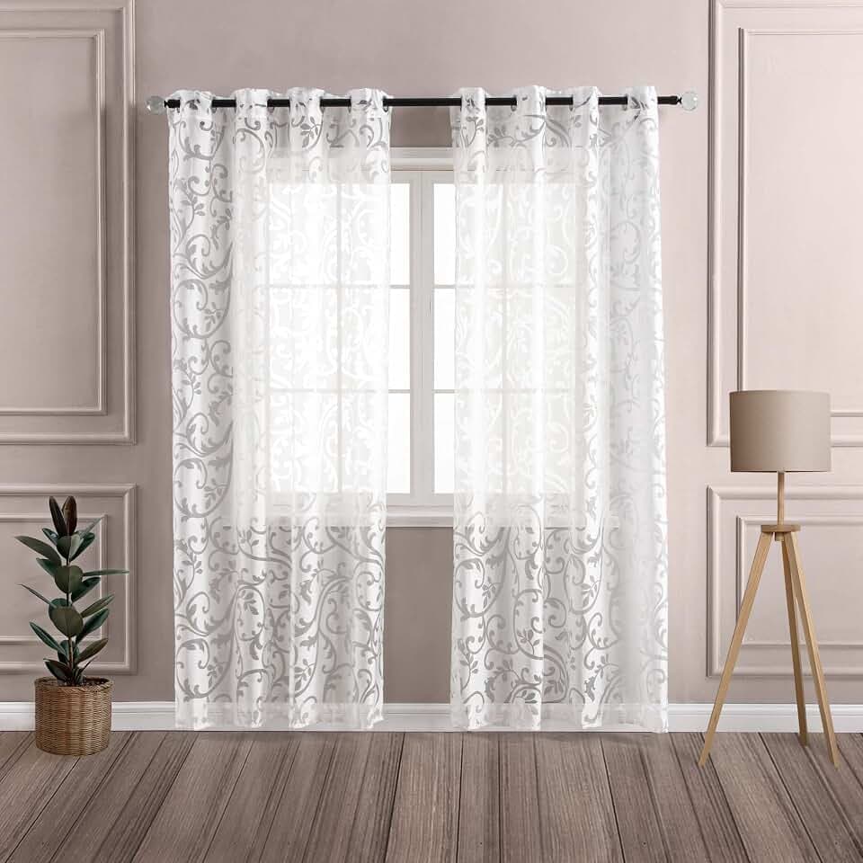 Delien Voile Ausbrenner Gardine mit Ranken Muster B140 x H245 cm, Weiß