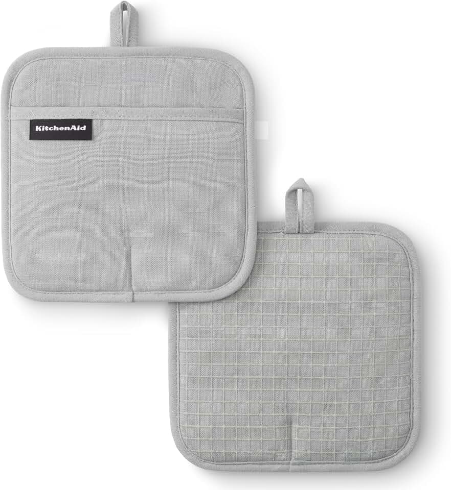 KITCHENAID Gourmet Series Gridlines Pot Holders 2-Pack Set, Heat Resistant up to 600°F, Soft Silicone Grip, Magnetic Cuff, Matte Grey, 8"x8"