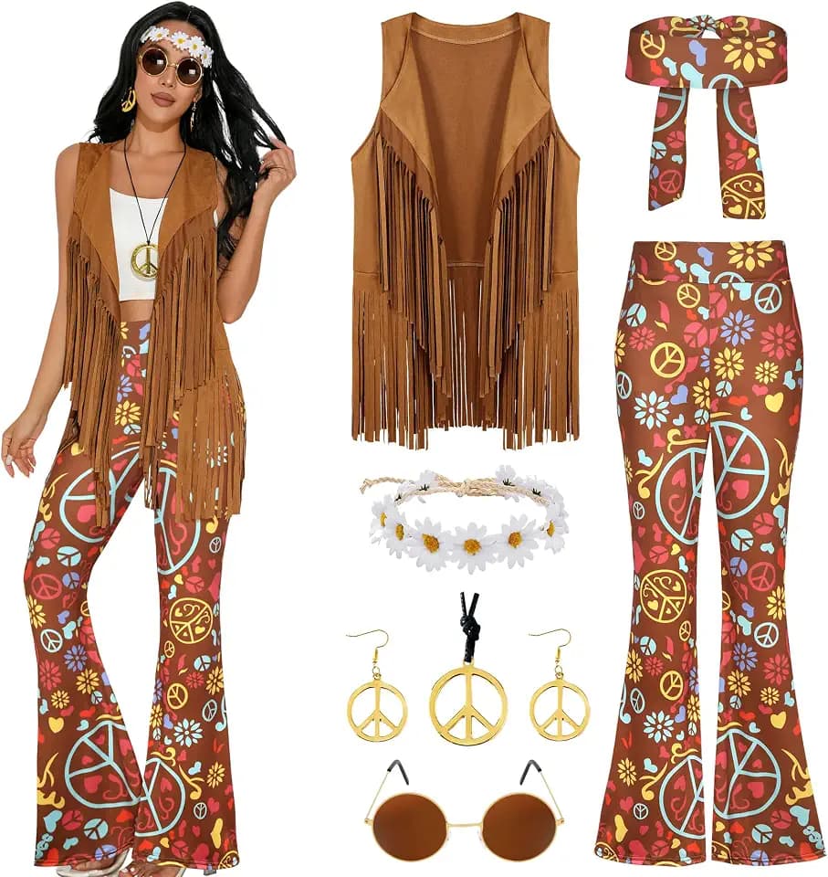 GERVAISE Womens 60s 70s Outfit Disco Hippie Costume Fringe Vest Boho Pants Accessories Set