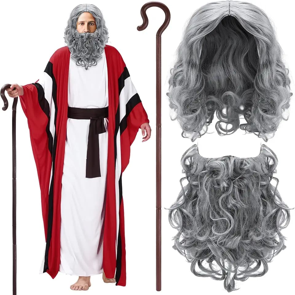 6 Pcs Moses Costume Wig Beard Cane for Adults Christmas