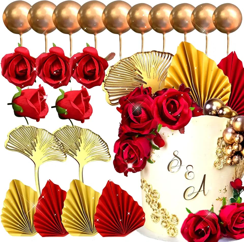 JeVenis 21 PCS Red Rose Cake Decoration Ginkgo Palm Leaves Cake Decoration