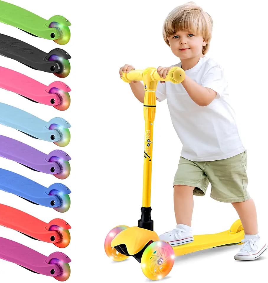 Hurtle Mini Kickboard 3 Wheel Scooter for Kids Ages 2-5 - Lean-to-Steer Toddler Scooter with Light-up LED Wheels, Adjustable Height & Rear Foot Brake for Boys. & Girls, Anti-Slip, Indoor/Outdoor