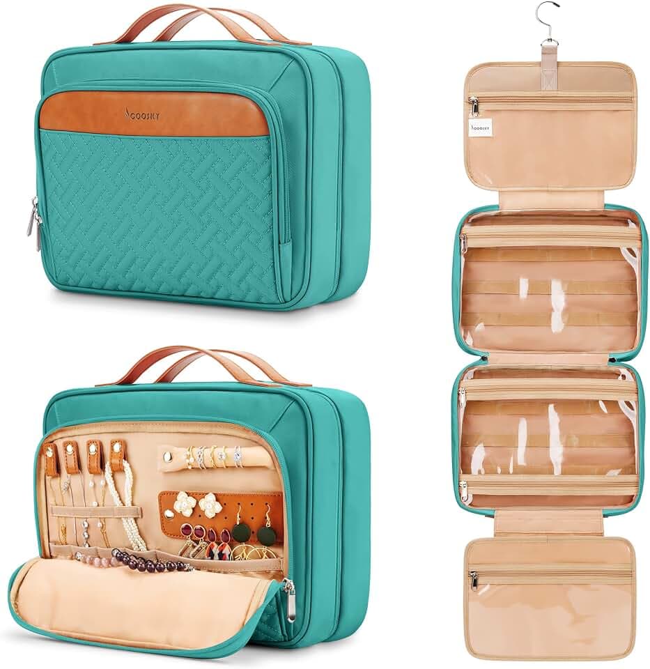 COOSKY Travel Hanging Toiletry Bag for Women, Cruise Ship Essentials, with Jewelry Organizer, Extra Large Makeup Dopp Kit, Waterproof Cosmetic Bags, Toiletries Kit Set with Trolley Belt, Blue