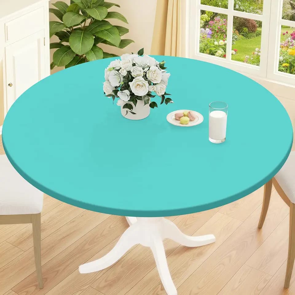 Smiry Round Picnic Tablecloth, Waterproof Elastic Fitted Table Covers for 45" - 56" Tables, Wipeable Flannel Backed Vinyl Tablecloths for Camping, Indoor, Outdoor, Teal